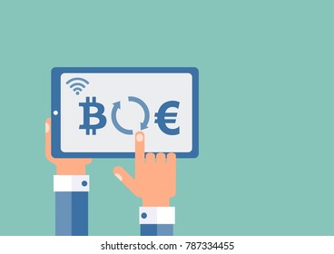 The businessman makes online exchange bitcoin euro. Flat design, vector.
