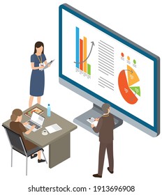 Businessman makes presentation to colleagues. Office workers characters discussing indicators. Business people talking communicating, discuss presentation graphs and charts. Business meeting concept