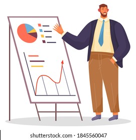 Businessman makes presentation near flip chart on board. Speaker leads workshop explains statistics. Man office worker manager at board makes report pointing on graphs and charts on conference