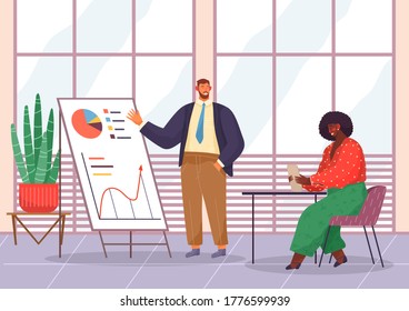 Businessman makes a presentation of a statistical report doing digital analysis charts. Planning business concept. Teamwork consulting for project management, financial reporting and strategy