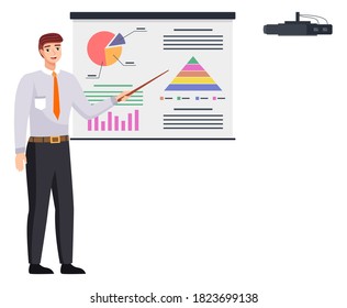 Businessman realiza una presentación de un informe estadístico haciendo gráficos de análisis digitales. Planificación del concepto de negocio. Consultoría para la gestión de proyectos, la presentación de informes financieros y la estrategia