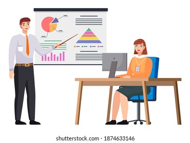 Businessman makes a presentation of a statistical report doing digital analysis charts. Planning business concept. Teamwork consulting for project management, financial reporting and strategy