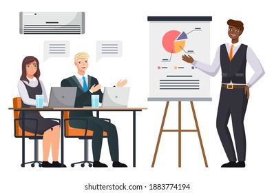 Businessman makes a presentation of a statistical report doing digital analysis charts. Planning business concept. Teamwork consulting for project management, financial reporting and strategy