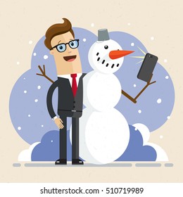 Businessman makes selfie with a snowman. Winter, Holidays, New Year, Christmas. Vector, illustration, flat.