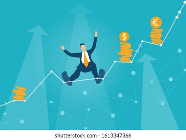 Businessman makes tight-walk walking.  Climbing up on the growth chart, arrow, symbol of dangerous financial situation. Business concept illustration