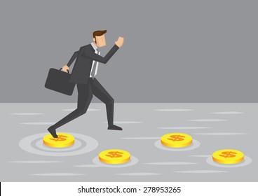 Businessman Makes Use Of Gold Coins As Stepping Stones To Get Across Water. Creative Cartoon Vector Illustration For Concept Of Using Money To Overcome Challenges In Business.