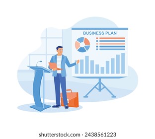 Empresario haciendo presentación de plan de negocios en la oficina. Mostrar el plan de negocio en el tablero. Concepto de plan de negocio. Ilustración vectorial plana.
