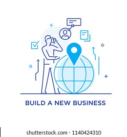 Businessman making a call standing next to the globe. Virtual communication smartphone. Cooperation interaction. Success, Cooperation. line icon illustration
