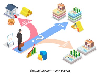 Businessman making choice from financial investment types for investing, flat vector isometric illustration. Stocks, ETF, bonds, cash, gold, bank deposit investments.