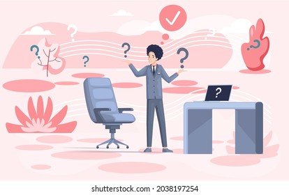 Businessman making confusion looking at question mark. Worried man thinking about problem at work, doing difficult choice, deep in thought. Person doubts making an important decision, choose solution