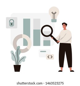 Businessman making data analysis, information research with infographics. Chart and diagrams, big data concept. Flat vector illustration.