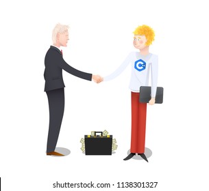 Businessman making a deal with skilled programmer isolated on white background. Investing in software development. Vector illustration