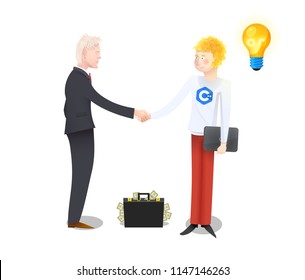 Businessman making a deal with skilled programmer isolated on white background. Investing in software development. Vector illustration