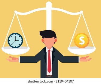 Businessman making decision between time or money. concept of time management