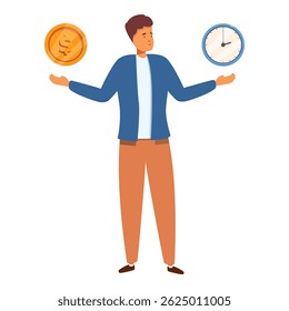 Hombre de negocios que toma la decisión, eligiendo entre el dinero y el tiempo, problema del equilibrio de la vida laboral, concepto difícil de la opción