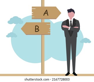 Businessman making decision. Man standing at road direction signs. Vector illustration