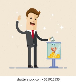 Businessman making a donation, putting money in donation box. Donation and charity concept.  Vector, Illustration, flat.