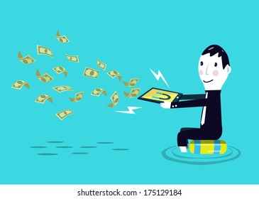 Businessman making extra money from his smart device. Business concept. vector