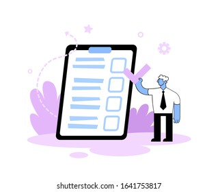 Businessman Making A Mark On A Questionnaire, Survey, To-do List. Filling Forms, Planning Concept. Cartoon Style Flat Vector Illustration. Isolated On White Background.