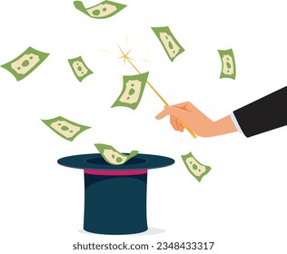 
Businessman Making Money Appear from a Magic Hat Vector Cartoon. Magician making money in a scam-like illusion trick 

