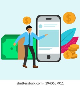 businessman making money online with smartphone, flat illustration vector graphic