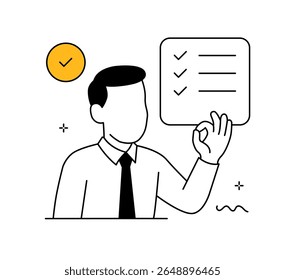 Empresário fazendo gesto OK com lista de verificação. Ilustração de confirmação de êxito. Profissional verificando objetivos.