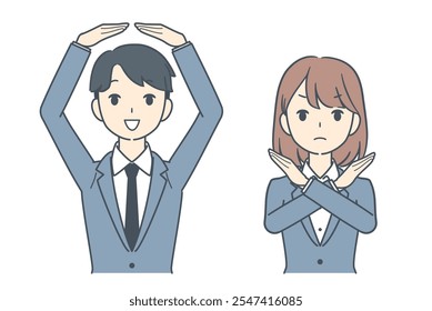 A businessman making an OK gesture while a businesswoman signals No with crossed arms, representing agreement and disagreement.