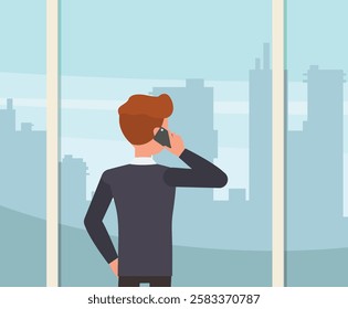 Businessman making a phone call while standing near a window with a view of the city character vector illustration design. 