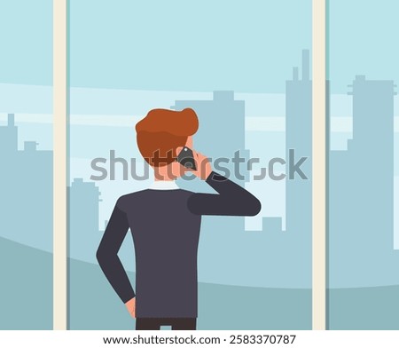Businessman making a phone call while standing near a window with a view of the city character vector illustration design. 
