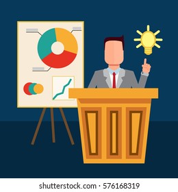 The businessman making presentation at conference and pointing to the bulb. Idea concept. Vector flat design illustration.