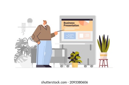 businessman making presentation in coworking center business man giving company growth report office interior