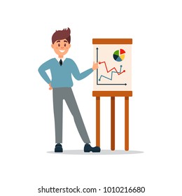 Businessman making presentation and explaining chart on a whiteboard, business character working in office cartoon vector Illustration