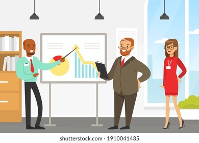 Businessman Making Presentation and Explaining Chart on Whiteboard, Business People or Office Workers Characters Working on Project Flat Style Vector Illustration