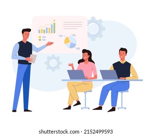 Businessman making presentation and explaining charts on the board. Business seminar, strategic planning, team brainstorm. Vector illustration in flat style