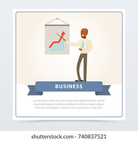 Businessman making presentation explaining growth graph on whiteboard, business banner for advertising brochure, promotional leaflet poster, presentation flat vector element for website or mobile app
