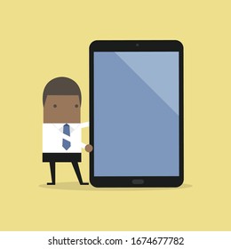  businessman making a presentation on a large tablet or smartphone.
