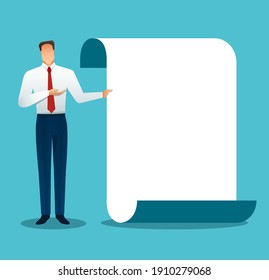 Businessman making a presentation, pointing to the screen. Vector illustration