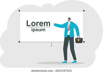 Businessman making a presentation, pointing to the screen. Businessman is participant of seminar, conference, meeting or workshop.