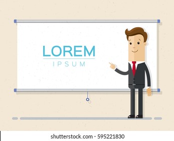 Businessman making a presentation, pointing to the screen. Businessman is participant of seminar, conference, meeting or workshop. Vector, illustration, flat