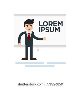 Businessman making a presentation, pointing to the screen. Businessman is participant of seminar, conference, meeting or workshop. Vector, illustration, flat