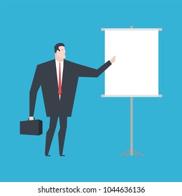 Businessman making presentation Template. Boss and Clean Roll-up. office life vector illustration.