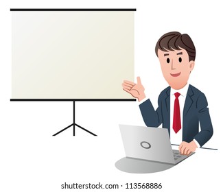 Businessman making presentation, with white presentation screen.