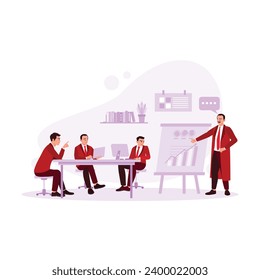 Businessman making project presentation on a flip chart. Businessman giving briefing during a meeting with colleagues in office. Office concept. Trend Modern vector flat illustration