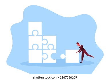 businessman making puzzle career ladder jigsaw problem solution concept man team leader hardworking process cartoon character flat vector illustration