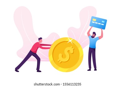 Businessman Making and Saving Money. Male Character Rolling Huge Golden Dollar Coin. Man Holding Credit Card. Goal Achievement Leadership Wealth Business Competition. Cartoon Flat Vector Illustration