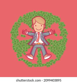 Businessman making a snow angel vector illustration. Politics, money, corruption design concept.