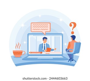 Geschäftsmann macht Video mit Kunden. Besprechung von Geschäftsstrategien während Meetings. Business Seminar Webinar Konzept. Flache Vektorillustration.