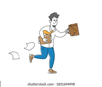 Businessman Male Character Hurry at Work Running with Briefcase and Scattered Paper Documents around. City Lifestyle, Stressed Business Man Isolated on White Background. Linear Vector Illustration