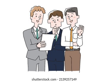  Empresario (hombre, hombre, hombre) discutiendo mientras mira los materiales Comical persona manuscrita Vector, color en línea dibujo