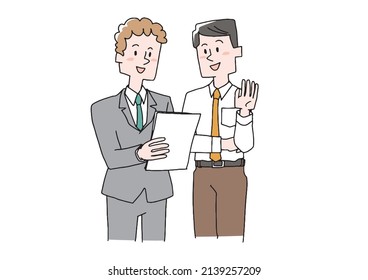  Businessman (male) discussing while looking at materials Comical handwritten person Vector, line drawing and color
